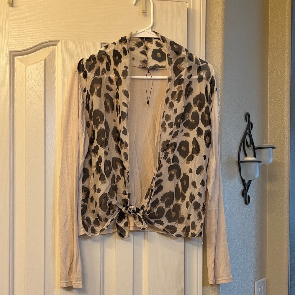 Gigi Moda Vintage Leopard Print Sheer Cardigan Wrap-Style Blouse With Tie Front